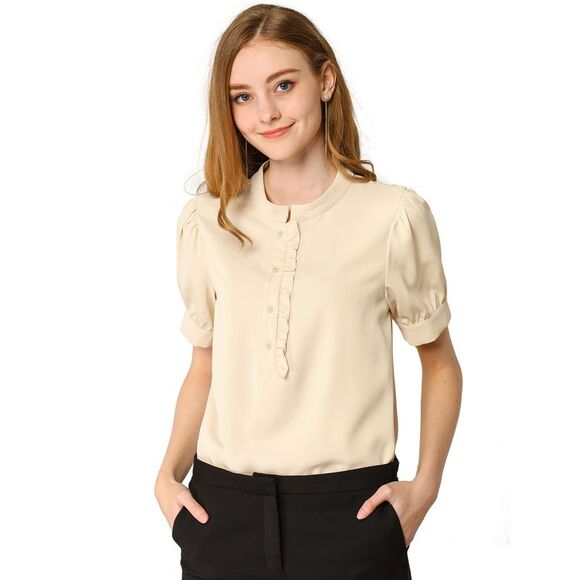 Top Puff Sleeve Half Placket Ruffled Shirt Blouses Apricot - Picture 1 of 6